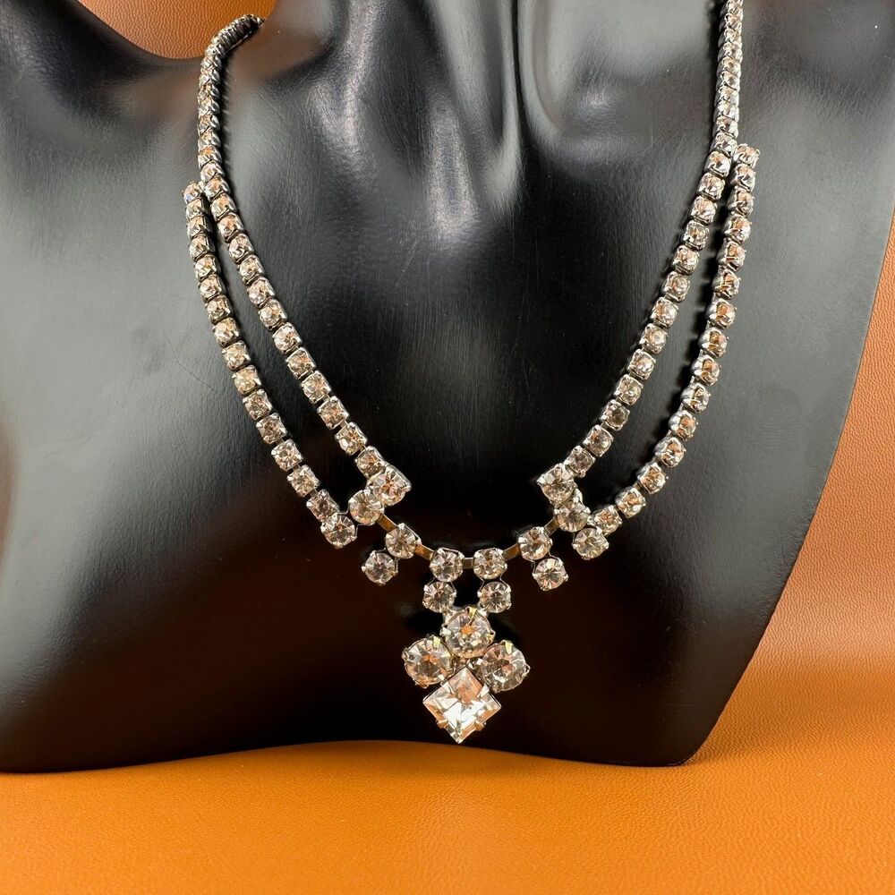 Vintage Rhinestone Festoon Style Necklace Silver Tone Cup Chain Clear Stones